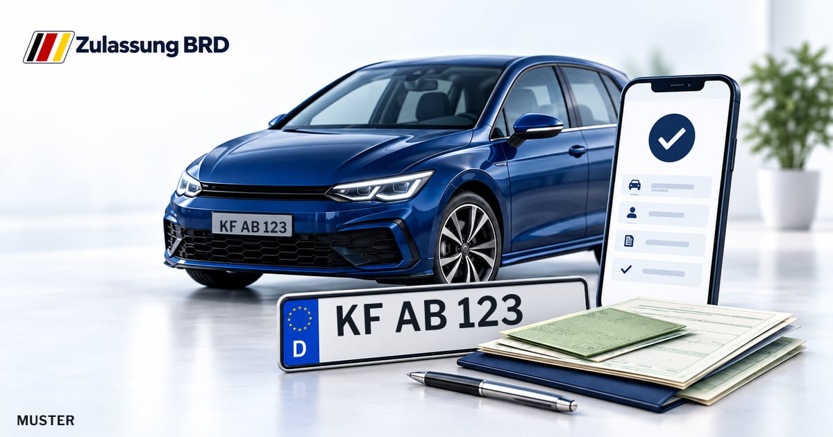 Online Fahrzeugzulassung in Kaufbeuren: Musterkennzeichen KF AB 123, Auto und Fahrzeugpapiere und Smartphone. Illustration mit Logo von Zulassung BRD.